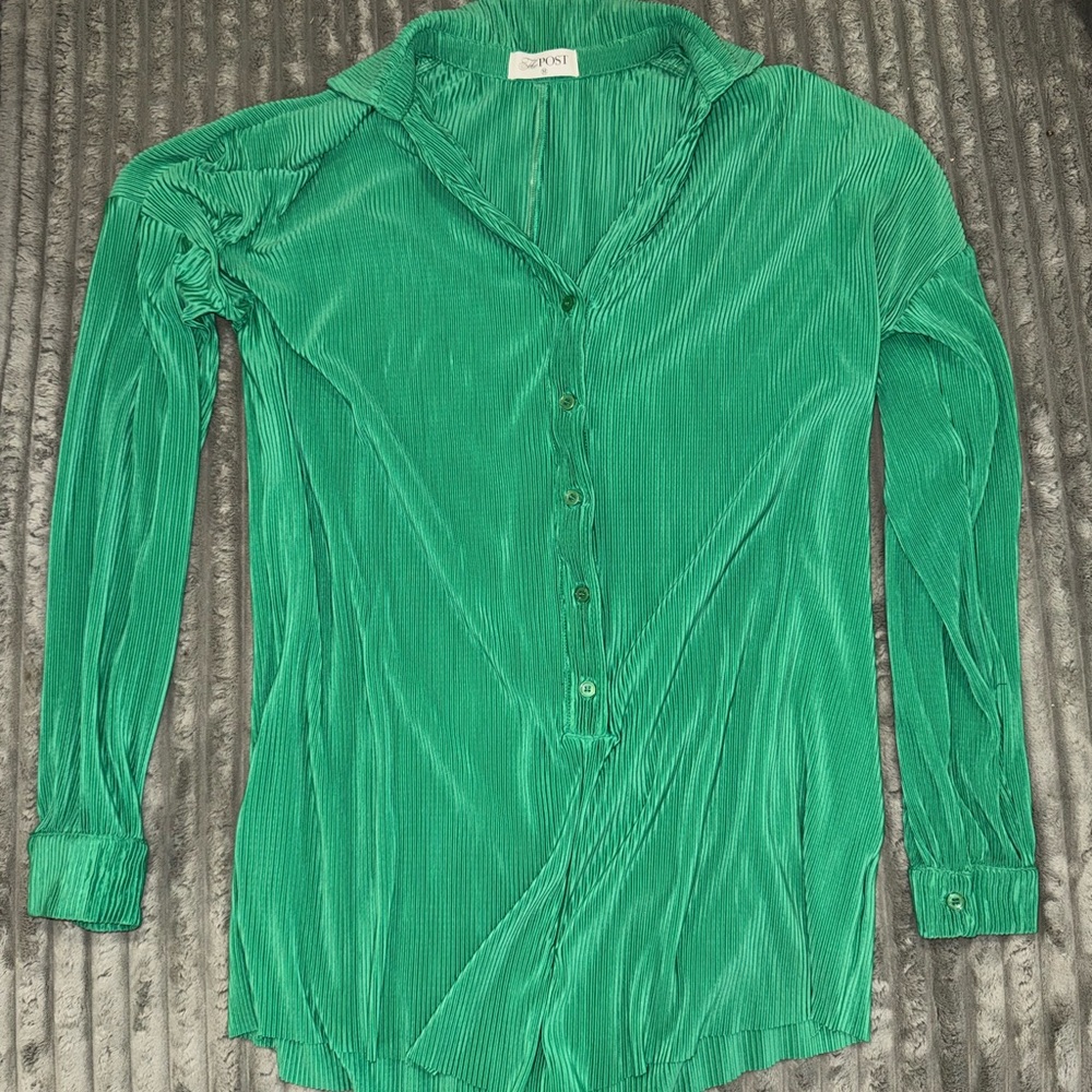 The Post Emerald Green Pleated Button-Down Romper